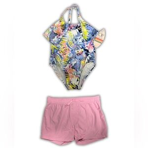 OCEAN PACIFIC Girls One-Piece Bathing Suit & Shorts, Pink/Purple, Size 5/6